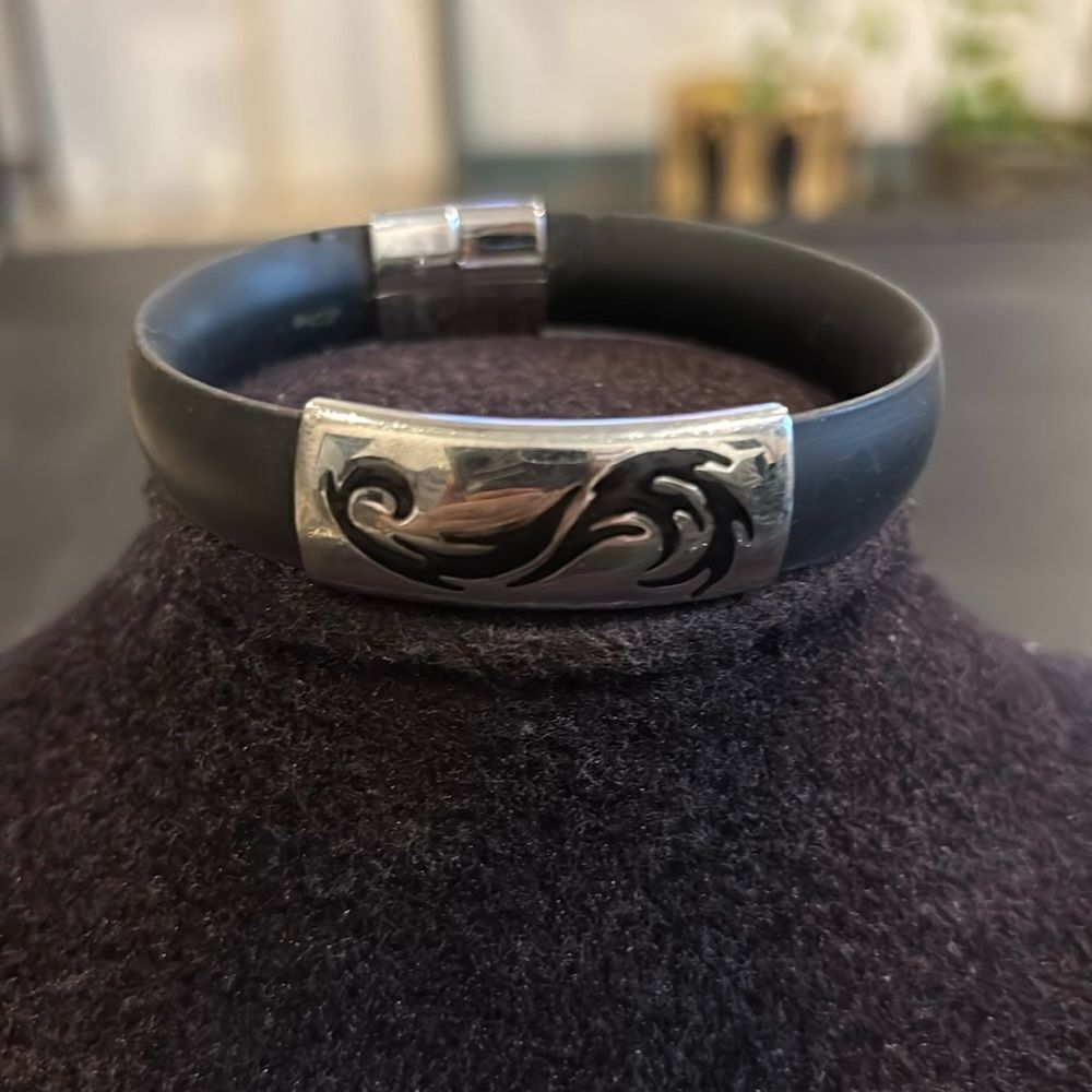 Invicta Care Foundation Black Silicone Silver Tone Enamel Bracelet 5/8" Wide​​